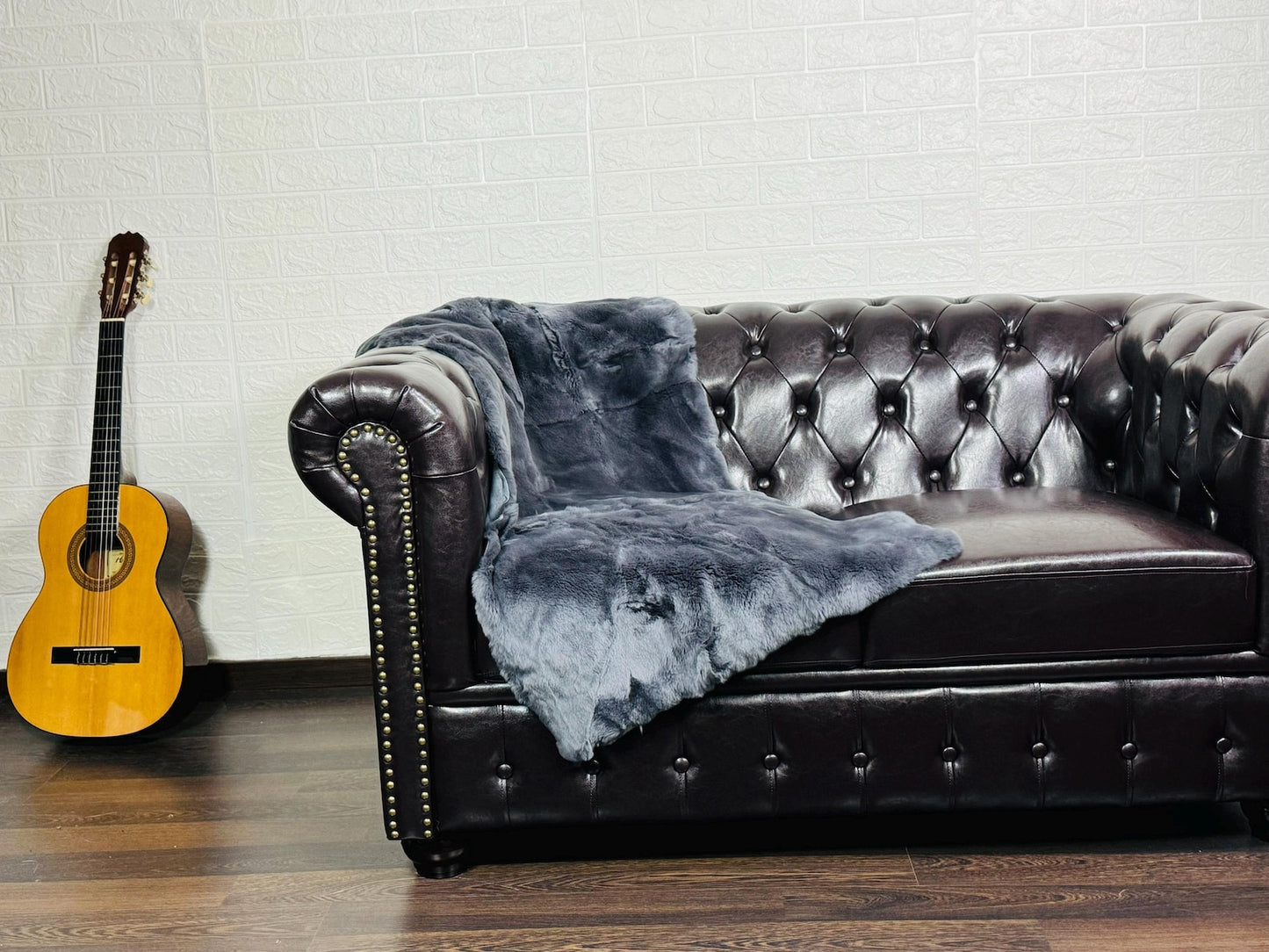 Real Full Skin Pelt Rex Rabbit Grey Color Fur Blanket Throw • Housewarming Gift Sofa Cover n Bedspread •  Handmade Genuine Fur