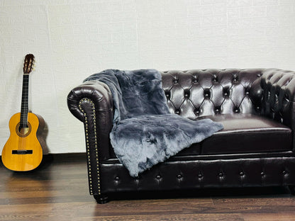 Real Full Skin Pelt Rex Rabbit Grey Color Fur Blanket Throw • Housewarming Gift Sofa Cover n Bedspread •  Handmade Genuine Fur