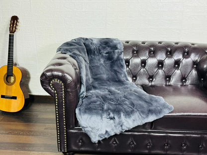 Real Full Skin Pelt Rex Rabbit Grey Color Fur Blanket Throw • Housewarming Gift Sofa Cover n Bedspread •  Handmade Genuine Fur