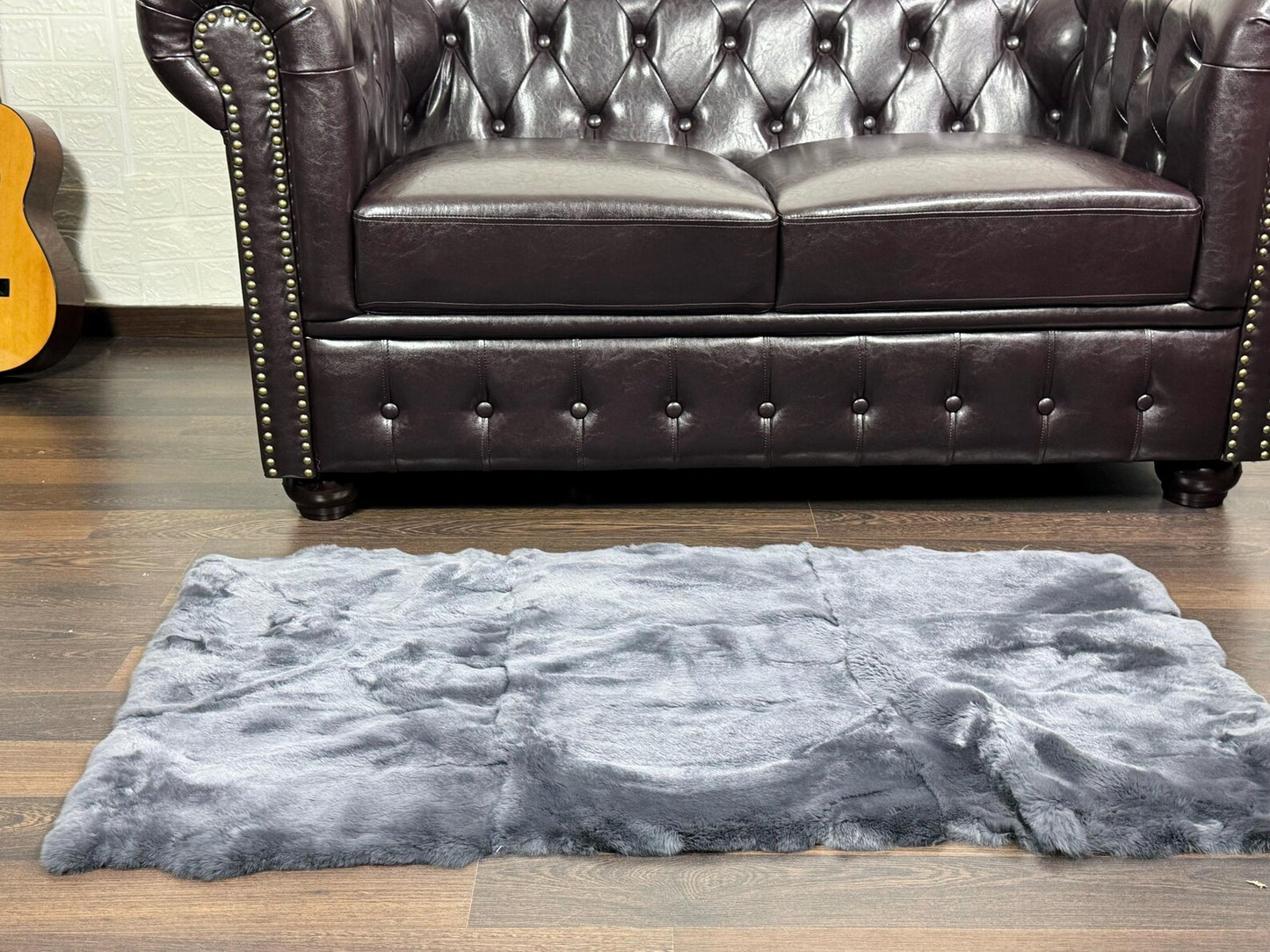 Real Full Skin Pelt Rex Rabbit Grey Color Fur Blanket Throw • Housewarming Gift Sofa Cover n Bedspread •  Handmade Genuine Fur