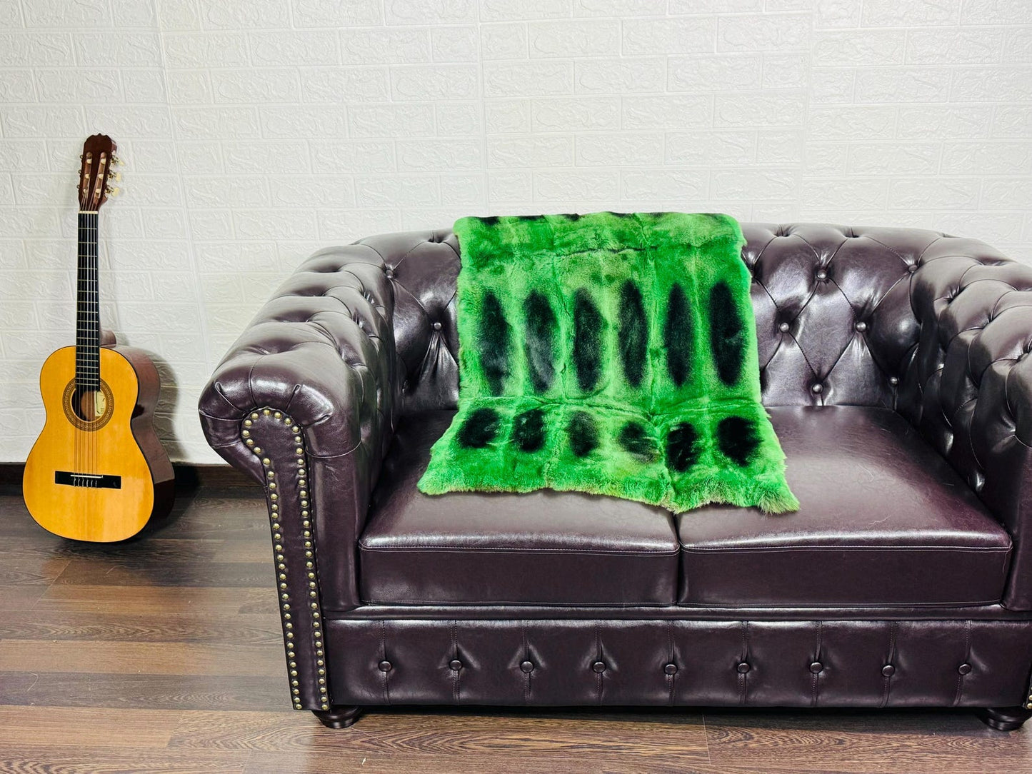 Real Full Skin Pelt Rex Rabbit Green Black Color Fur Blanket Throw • Housewarming Gift Sofa Cover n Bedspread •  Handmade Genuine Fur