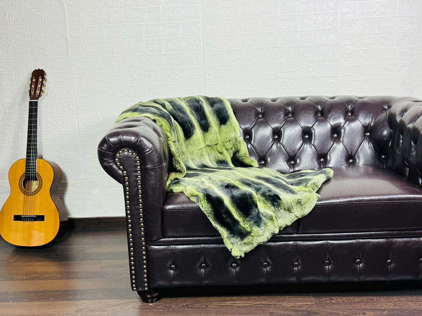 Real Full Skin Pelt Rex Rabbit Green Black Color Fur Blanket Throw • Housewarming Gift Sofa Cover n Bedspread •  Handmade Genuine Fur