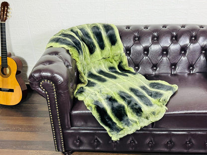 Real Full Skin Pelt Rex Rabbit Green Black Color Fur Blanket Throw • Housewarming Gift Sofa Cover n Bedspread •  Handmade Genuine Fur