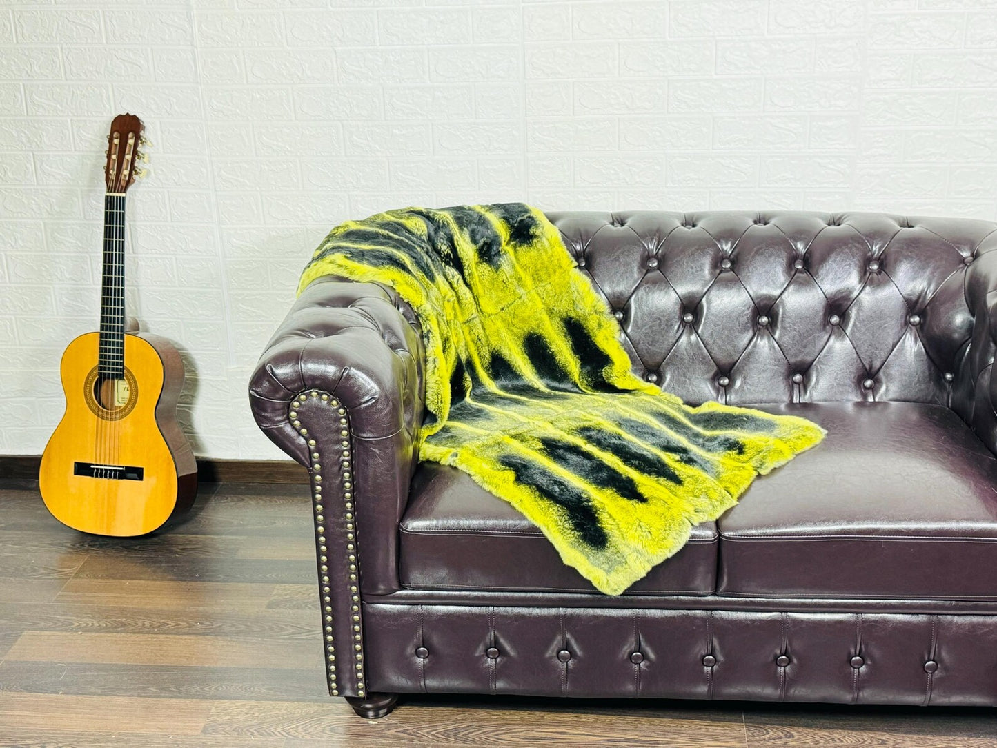 Real Full Skin Pelt Rex Rabbit Yellow Black Color Fur Blanket Throw • Housewarming Gift Sofa Cover n Bedspread •  Handmade Genuine Fur