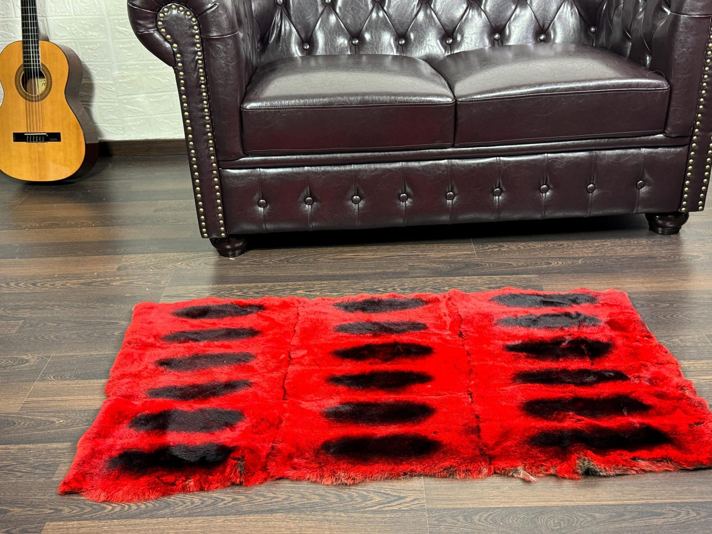 Real Full Skin Pelt Rex Rabbit Red with Black Color Fur Blanket Throw • Housewarming Gift Sofa Cover n Bedspread •  Handmade Genuine Fur