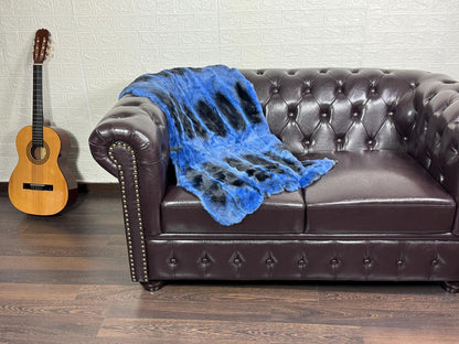 Real Full Skin Pelt Rex Rabbit Blue Black Color Fur Blanket Throw • Housewarming Gift Sofa Cover n Bedspread •  Handmade Genuine Fur