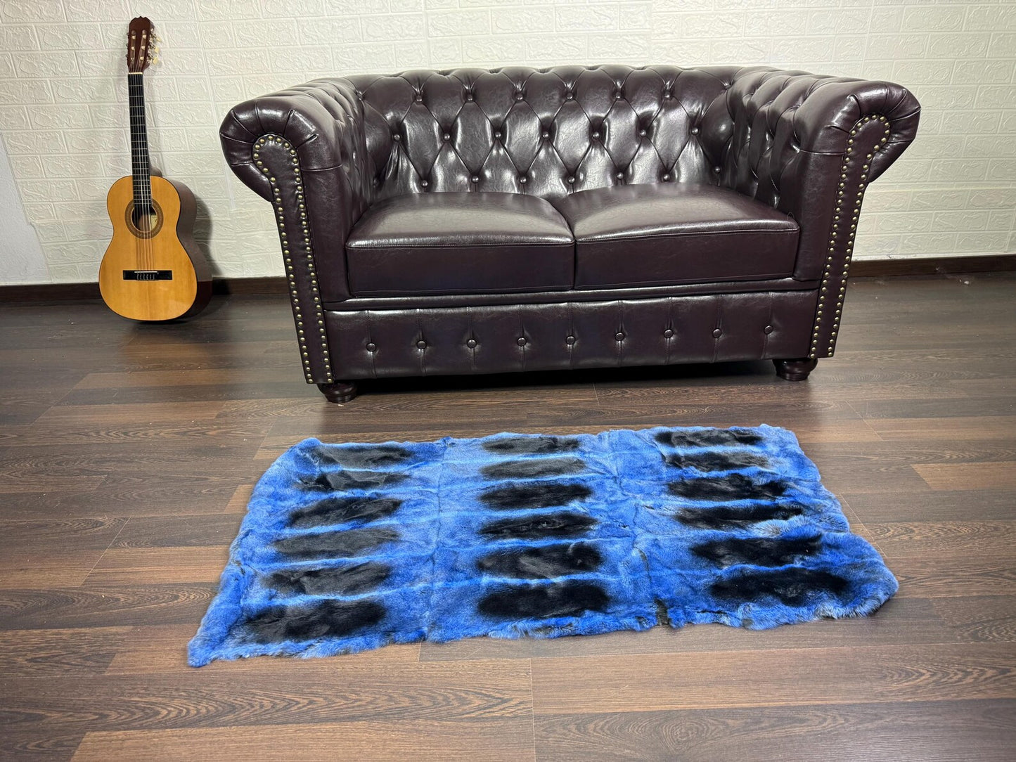 Real Full Skin Pelt Rex Rabbit Blue Black Color Fur Blanket Throw • Housewarming Gift Sofa Cover n Bedspread •  Handmade Genuine Fur