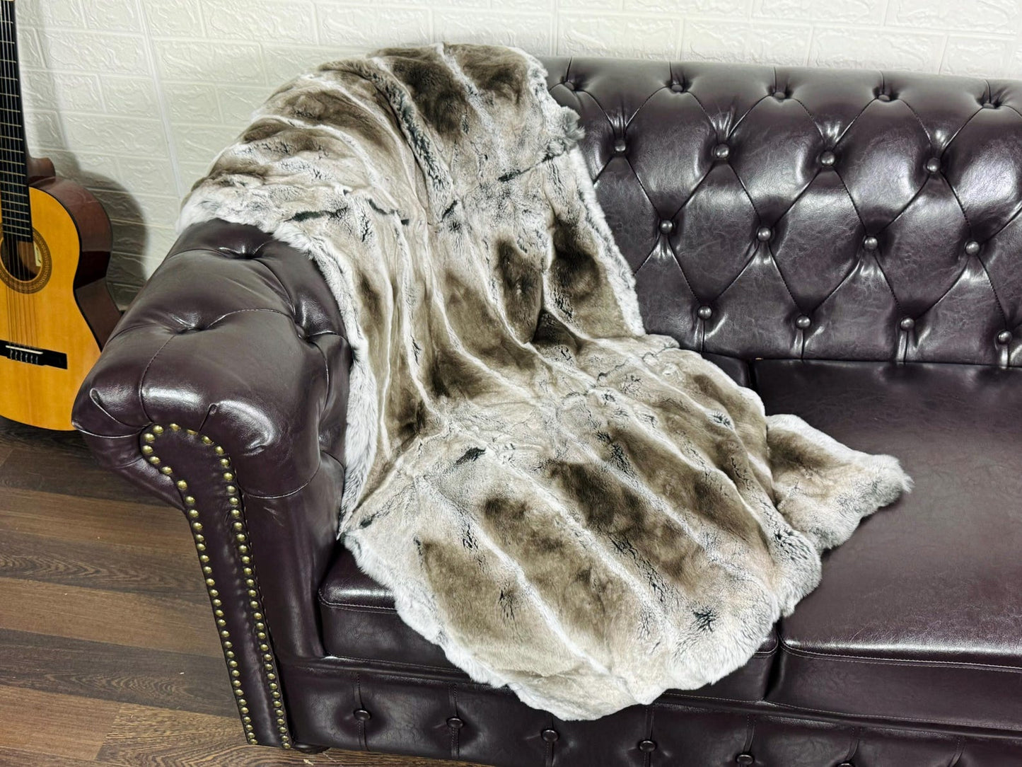 Real Full Skin Pelt Rex Rabbit Gray Color Fur Blanket Throw • Housewarming Gift Sofa Cover n Bedspread •  Handmade Genuine Fur