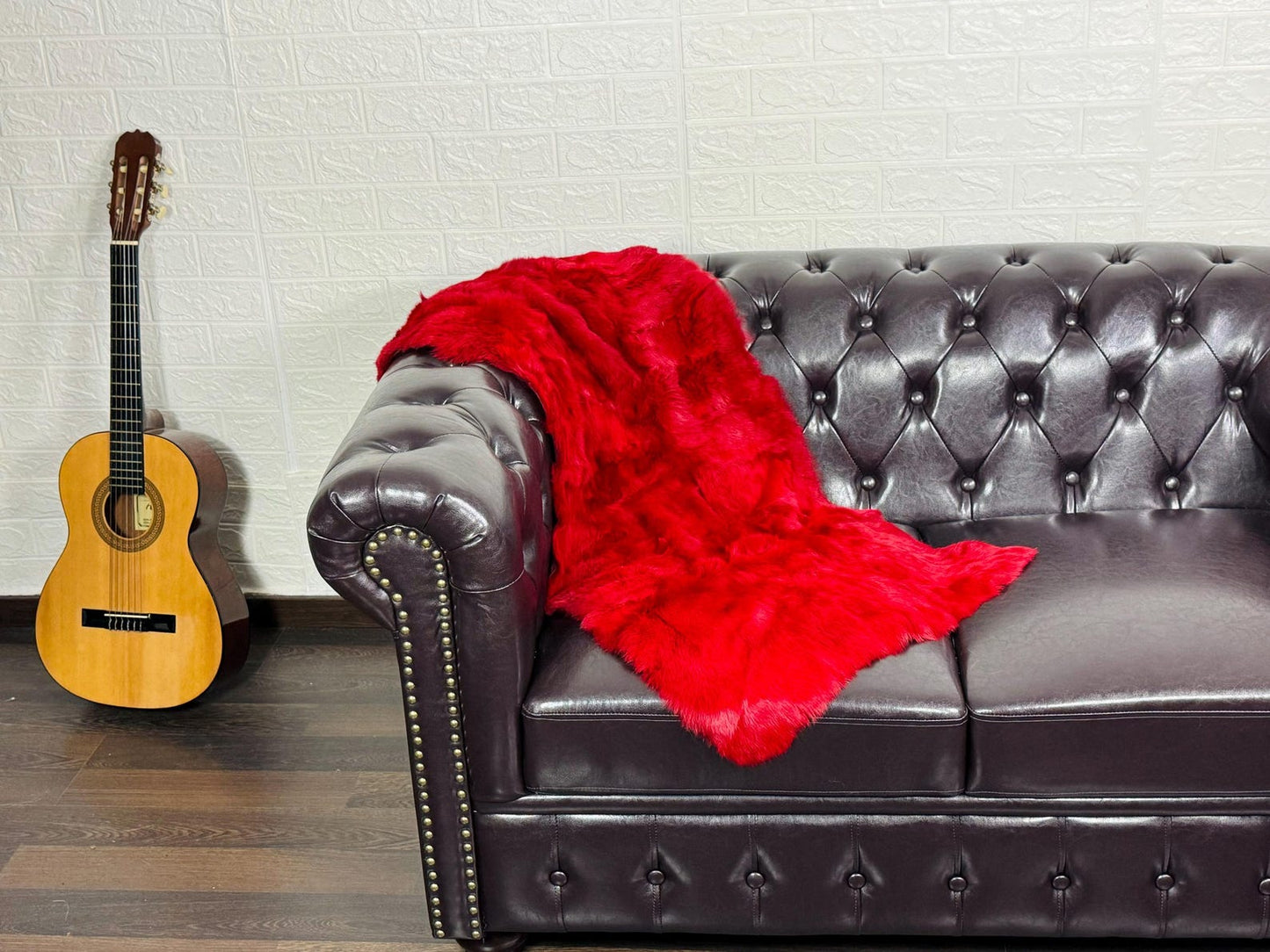 Real Full Skin Pelt Rex Rabbit Red Color Fur Blanket Throw • Housewarming Gift Sofa Cover n Bedspread •  Handmade Genuine Fur