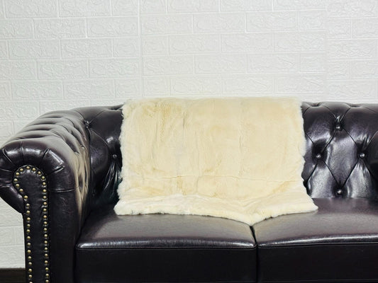 Real Full Skin Pelt Rex Rabbit Beige Color Fur Blanket Throw • Housewarming Gift Sofa Cover n Bedspread •  Handmade Genuine Fur