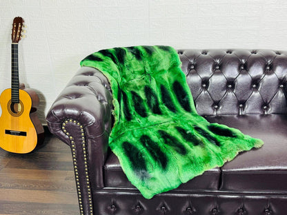 Real Full Skin Pelt Rex Rabbit Green Black Color Fur Blanket Throw • Housewarming Gift Sofa Cover n Bedspread •  Handmade Genuine Fur