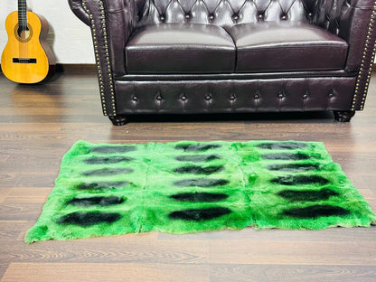 Real Full Skin Pelt Rex Rabbit Green Black Color Fur Blanket Throw • Housewarming Gift Sofa Cover n Bedspread •  Handmade Genuine Fur