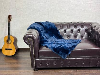Real Full Skin Pelt Rex Rabbit Blue Color Fur Blanket Throw • Housewarming Gift Sofa Cover n Bedspread •  Handmade Genuine Fur
