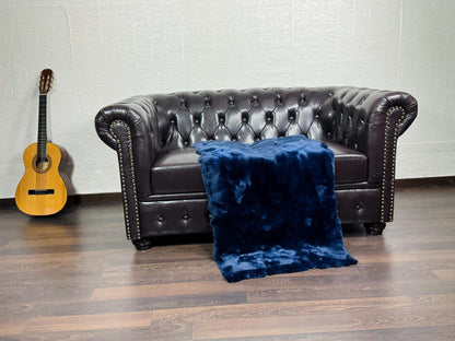Real Full Skin Pelt Rex Rabbit Blue Color Fur Blanket Throw • Housewarming Gift Sofa Cover n Bedspread •  Handmade Genuine Fur