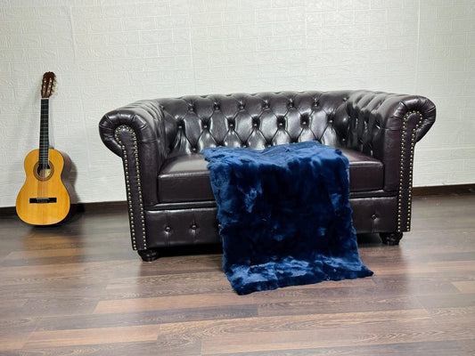 Real Full Skin Pelt Rex Rabbit Blue Color Fur Blanket Throw • Housewarming Gift Sofa Cover n Bedspread •  Handmade Genuine Fur