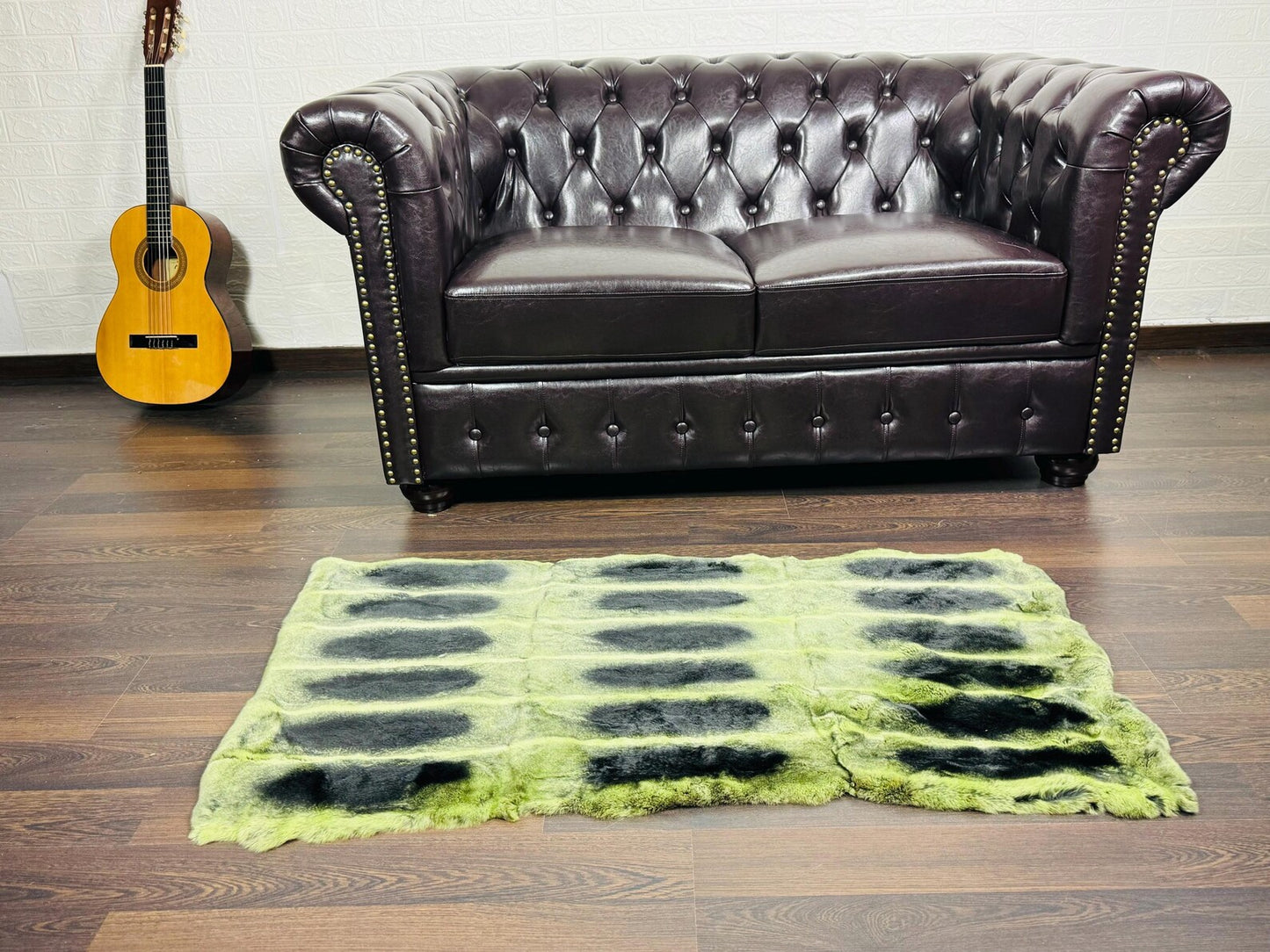 Real Full Skin Pelt Rex Rabbit Green Black Color Fur Blanket Throw • Housewarming Gift Sofa Cover n Bedspread •  Handmade Genuine Fur