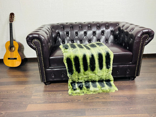 Real Full Skin Pelt Rex Rabbit Green Black Color Fur Blanket Throw • Housewarming Gift Sofa Cover n Bedspread •  Handmade Genuine Fur