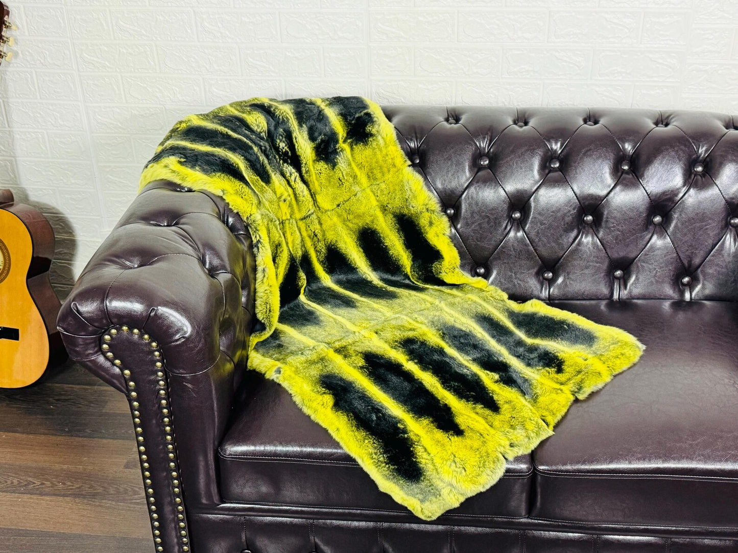 Real Full Skin Pelt Rex Rabbit Yellow Black Color Fur Blanket Throw • Housewarming Gift Sofa Cover n Bedspread •  Handmade Genuine Fur
