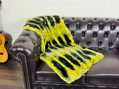 Real Full Skin Pelt Rex Rabbit Yellow Black Color Fur Blanket Throw • Housewarming Gift Sofa Cover n Bedspread •  Handmade Genuine Fur
