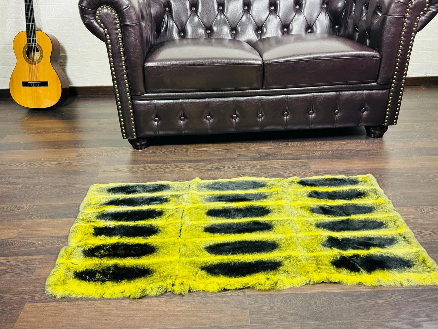 Real Full Skin Pelt Rex Rabbit Yellow Black Color Fur Blanket Throw • Housewarming Gift Sofa Cover n Bedspread •  Handmade Genuine Fur