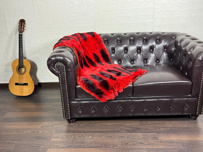 Real Full Skin Pelt Rex Rabbit Red with Black Color Fur Blanket Throw • Housewarming Gift Sofa Cover n Bedspread •  Handmade Genuine Fur