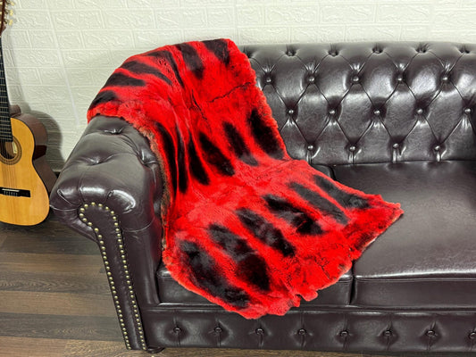 Real Full Skin Pelt Rex Rabbit Red with Black Color Fur Blanket Throw • Housewarming Gift Sofa Cover n Bedspread •  Handmade Genuine Fur