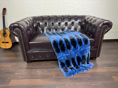Real Full Skin Pelt Rex Rabbit Blue Black Color Fur Blanket Throw • Housewarming Gift Sofa Cover n Bedspread •  Handmade Genuine Fur