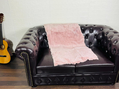 Real Full Skin Pelt Rex Rabbit Baby Pink Color Fur Blanket Throw • Housewarming Gift Sofa Cover n Bedspread •  Handmade Genuine Fur