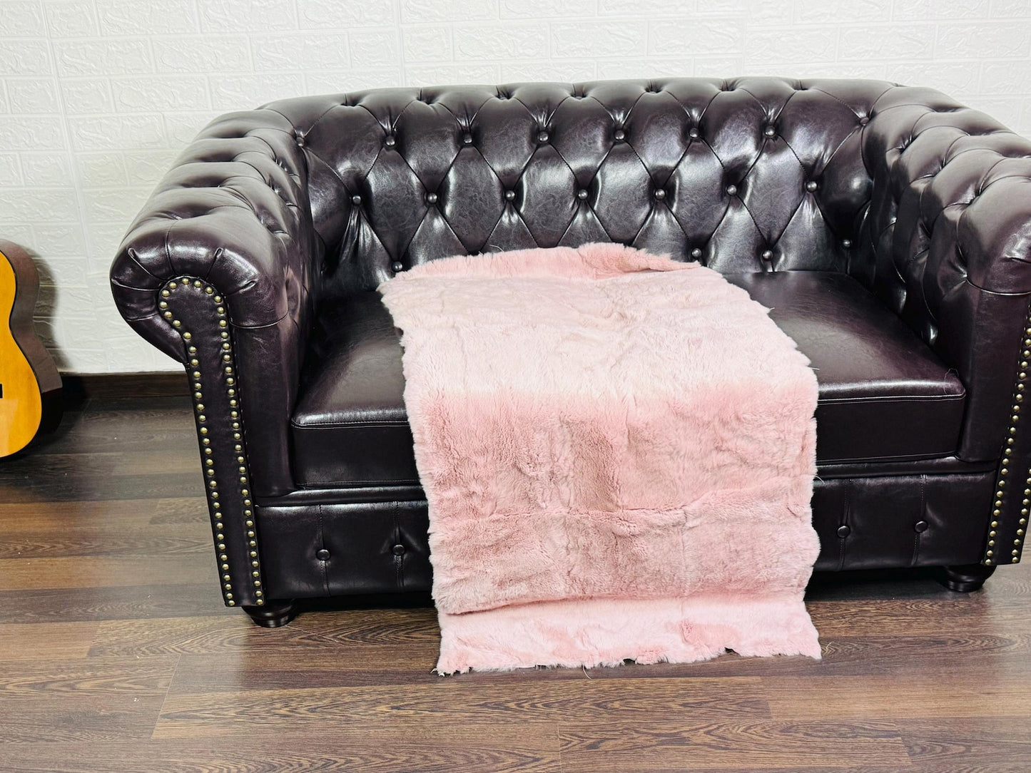 Real Full Skin Pelt Rex Rabbit Baby Pink Color Fur Blanket Throw • Housewarming Gift Sofa Cover n Bedspread •  Handmade Genuine Fur