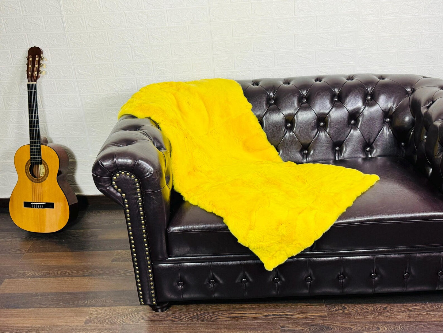 Real Full Skin Pelt Rex Rabbit Yellow Color Fur Blanket Throw • Housewarming Gift Sofa Cover n Bedspread •  Handmade Genuine Fur