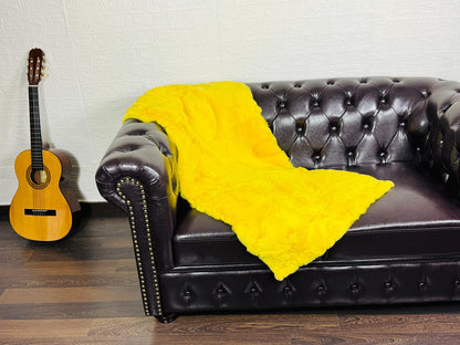 Real Full Skin Pelt Rex Rabbit Yellow Color Fur Blanket Throw • Housewarming Gift Sofa Cover n Bedspread •  Handmade Genuine Fur