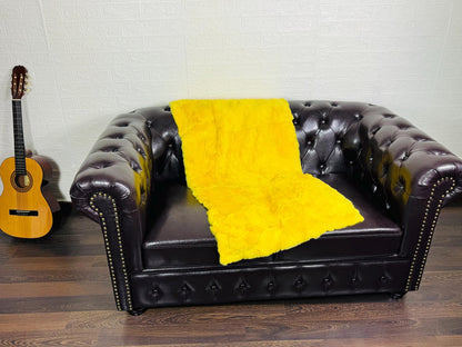 Real Full Skin Pelt Rex Rabbit Yellow Color Fur Blanket Throw • Housewarming Gift Sofa Cover n Bedspread •  Handmade Genuine Fur