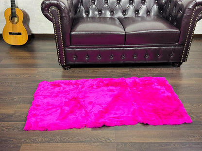Real Full Skin Pelt Rex Rabbit Fuchsia Color Fur Blanket Throw • Housewarming Gift Sofa Cover n Bedspread •  Handmade Genuine Fur