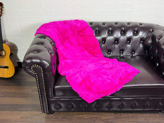Real Full Skin Pelt Rex Rabbit Fuchsia Color Fur Blanket Throw • Housewarming Gift Sofa Cover n Bedspread •  Handmade Genuine Fur
