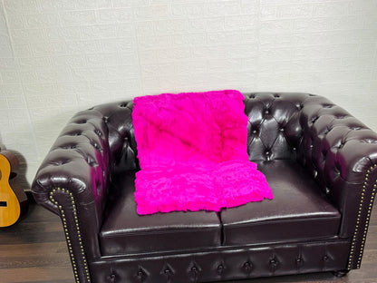 Real Full Skin Pelt Rex Rabbit Fuchsia Color Fur Blanket Throw • Housewarming Gift Sofa Cover n Bedspread •  Handmade Genuine Fur