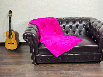 Real Full Skin Pelt Rex Rabbit Fuchsia Color Fur Blanket Throw • Housewarming Gift Sofa Cover n Bedspread •  Handmade Genuine Fur