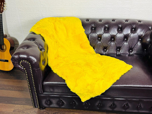 Real Full Skin Pelt Rex Rabbit Yellow Color Fur Blanket Throw • Housewarming Gift Sofa Cover n Bedspread •  Handmade Genuine Fur