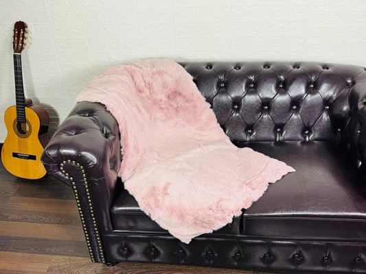 Real Full Skin Pelt Rex Rabbit Baby Pink Color Fur Blanket Throw • Housewarming Gift Sofa Cover n Bedspread •  Handmade Genuine Fur
