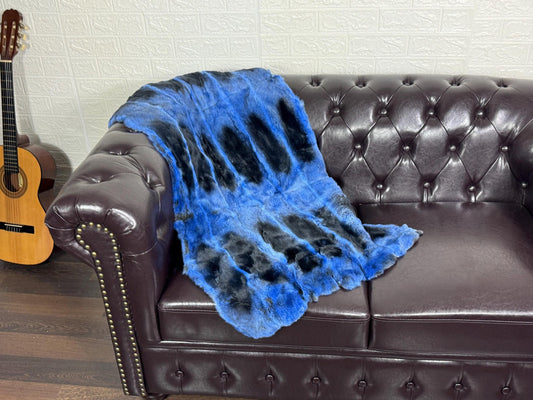 Real Full Skin Pelt Rex Rabbit Blue Black Color Fur Blanket Throw • Housewarming Gift Sofa Cover n Bedspread •  Handmade Genuine Fur