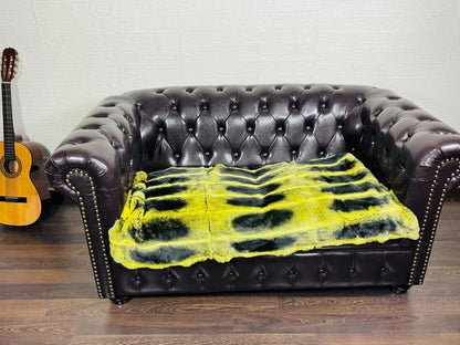 Real Full Skin Pelt Rex Rabbit Yellow Black Color Fur Blanket Throw • Housewarming Gift Sofa Cover n Bedspread •  Handmade Genuine Fur