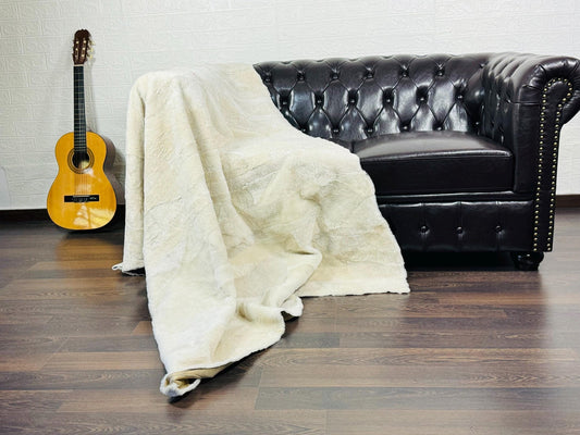 Off White Cream Real Sheepskin Fur Throw Blanket Lamb Wool
