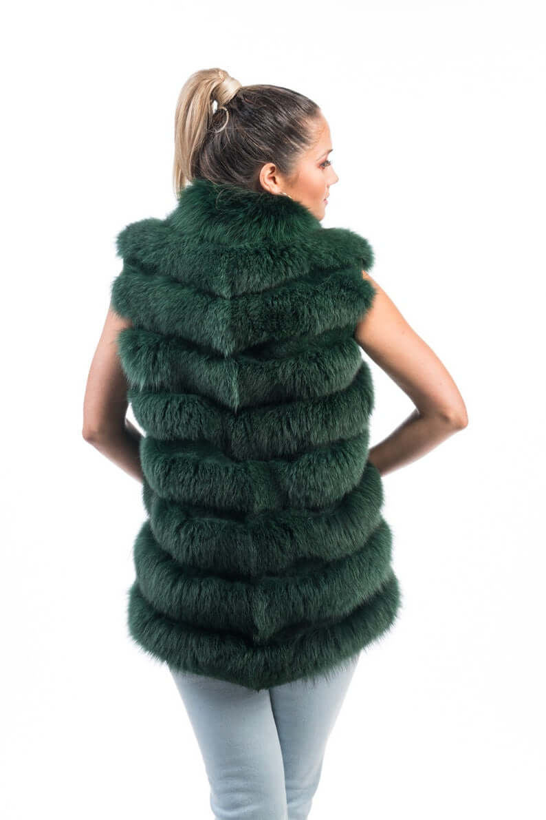 Green Fox Fur Vest Full Skin - Tatifurs showcasing vibrant green color and luxurious design from the back.