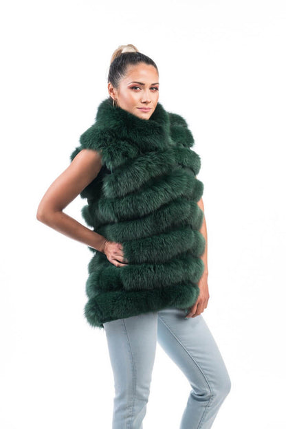 Green Fox Fur Vest Full Skin - Tatifurs, luxurious design with vibrant green color and soft rabbit fur accents.
