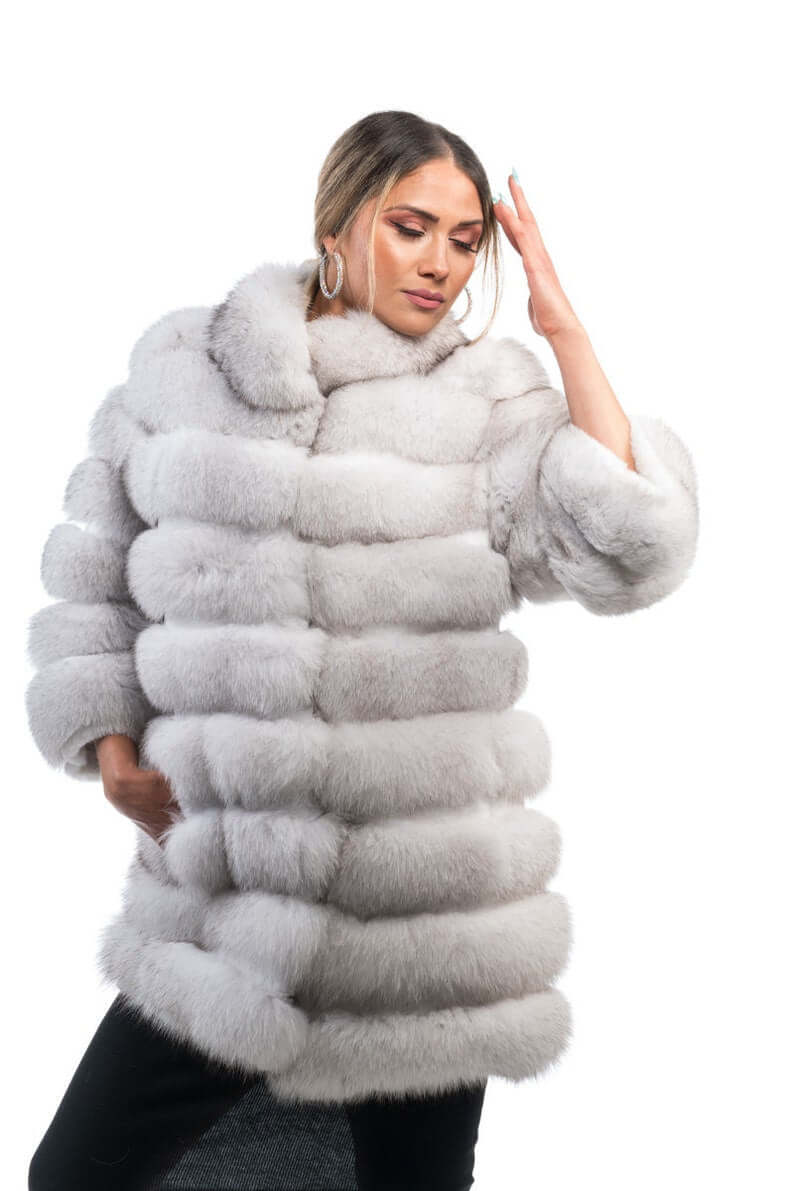 Fox fur coat blue natural collar close-up showing precise matching between collar and shoulder skins in luminous natural blue fox — Greek craftsmanship, TatiFurs
