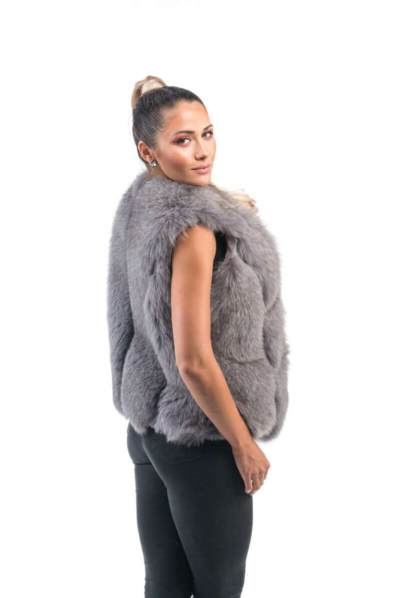 Gray Fox Fur Vest Full Skin - Tatifurs worn by a model showcasing its luxurious and elegant design on a white background.
