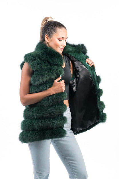 Green Fox Fur Vest Full Skin - Tatifurs worn by a model, showcasing its vibrant color and luxurious design.