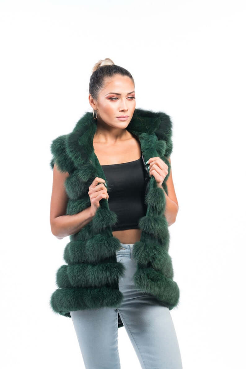 Green Fox Fur Vest Full Skin - Tatifurs worn by model, showcasing vibrant color and luxury design.