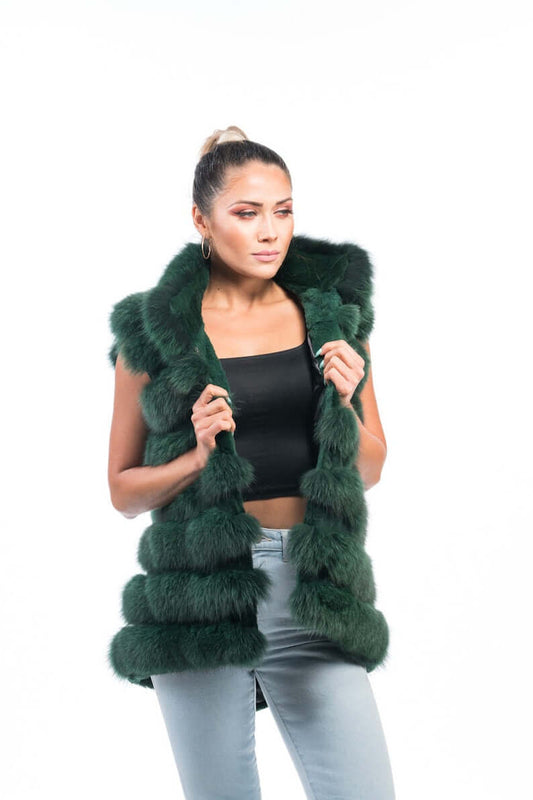 Model wearing green fox fur vest full skin with rabbit lines

