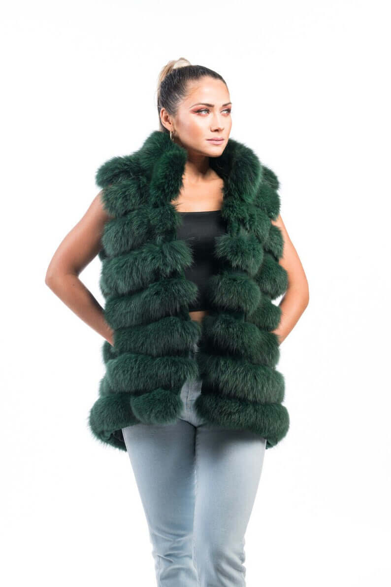 Green Fox Fur Vest Full Skin - Tatifurs showcased on a model, featuring vibrant green fox fur and a modern design.