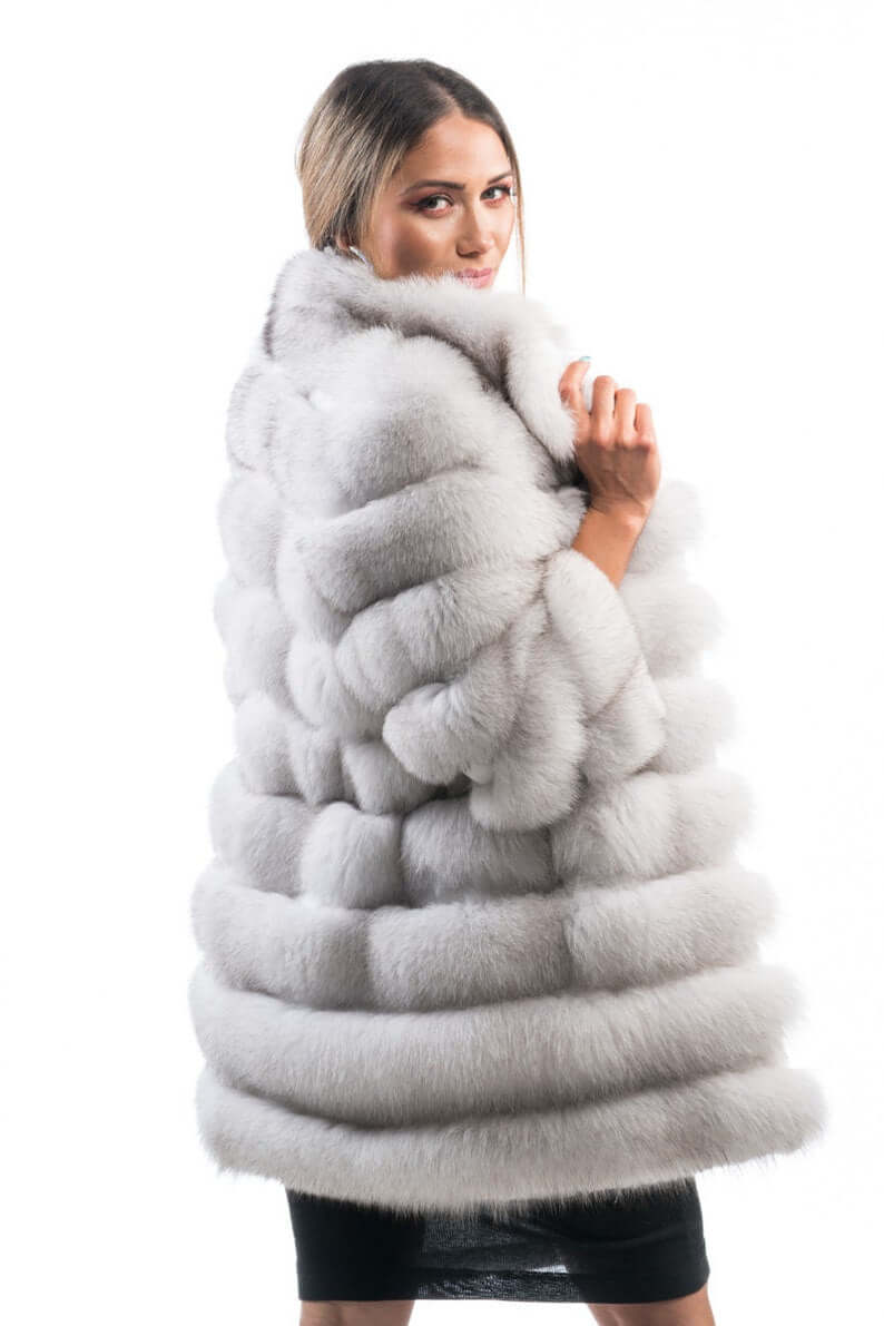 Fox fur coat blue natural close-up texture showing full skin natural blue fox long pile and horizontal rabbit fur trim strip construction — Greek craftsmanship, TatiFurs
